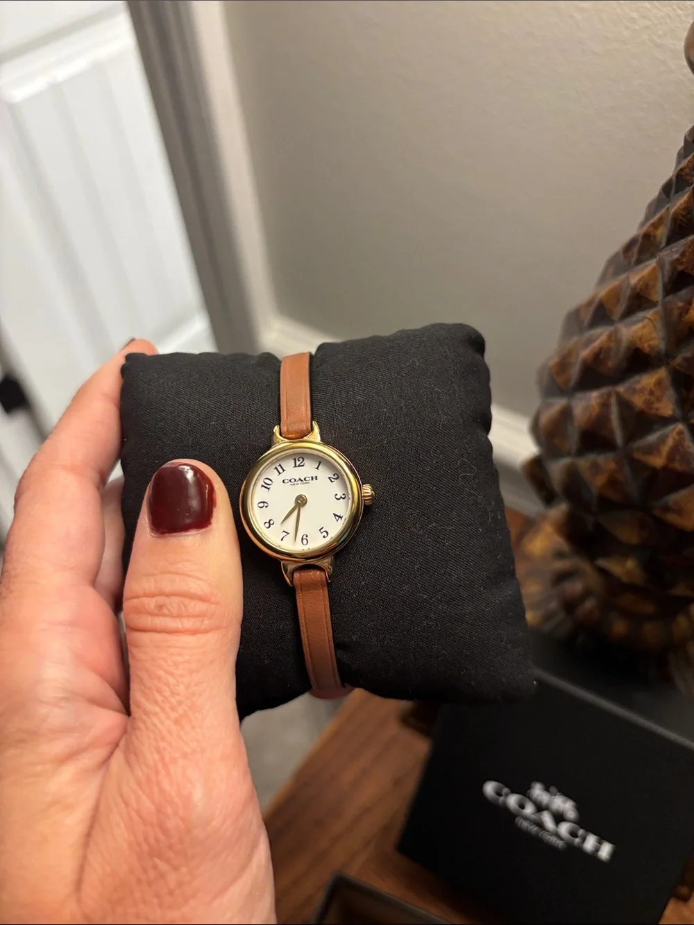 COACH Women's Brown Leather Strap Watch with Gold Case
